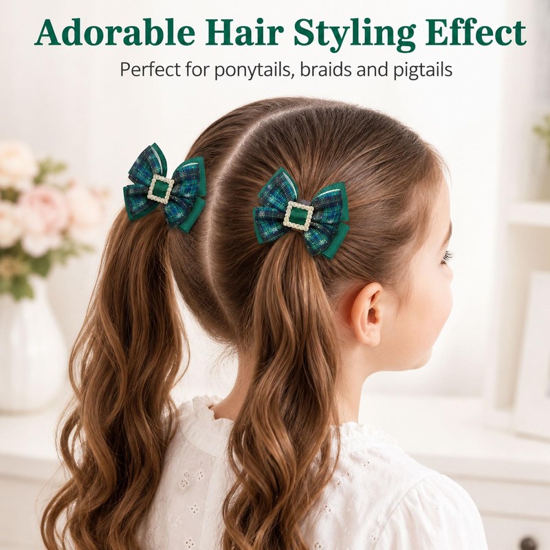 Green Plaid Hair Bows 2Pcs Christmas Rhinestone Square Clip