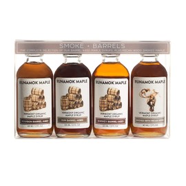 Runamok Maple Organic Vermont Maple Syrup Sampler | Smoke + Barrels Maple Syrup Pairing Collection | 2 oz (4 count) | 60mL | Smoked and Barrel Aged Organic Maple Syrup