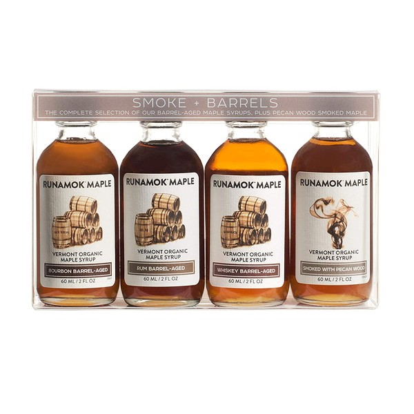 Runamok Maple Organic Vermont Maple Syrup Sampler | Smoke + Barrels Maple Syrup Pairing Collection | 2 oz (4 count) | 60mL | Smoked and Barrel Aged Organic Maple Syrup