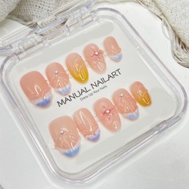 Gradient Press on Nails Short Almond Fake Nails Rhinestones False Nails Glossy Flower Full Cover French Stick on Nails Handmade Press on Nails Acrylic Artificial Nails for Women Glue on Nails (Size S)