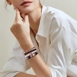 Vinswet 4pcs Natural Stone Beaded Bracelets for Women Men,Healing Crystal Gemstones Stretch Bracelet,4mm 6mm 8mm 10mm Pink zebra Lava Rock Rhodochrosite Anxiety Stress Relief Bracelet Jewelry Gifts