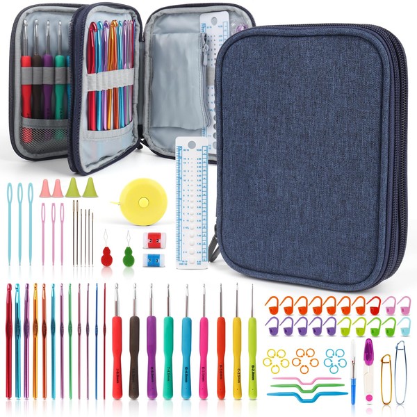 Katech 85-Piece Crochet Hooks Kit, Crochet Accessories Set with Storage Case, Ergonomic Knitting Needles Weave Yarn Kits DIY Hand Knitting Craft Art Tools for Beginners and Experienced Crochet Lovers