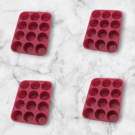 KitchenEye 12 Cups Silicone Muffin Pan - Nonstick Cupcake Pan,BPA Free,Great For Making Muffin Cakes & Microwave Safe Muffin Tin, Dishwasher Safe & Easy To Use,4 Pack (Red)