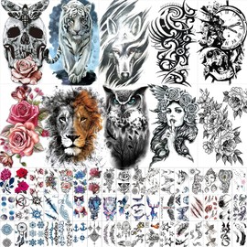 LEIAOLY 50 Sheets Black Temporary Tattoos For Men Adults Ealge Dragon Lion Wolf Animals Fake Small Temporary Tattoos For Women Neck Arm Thigh, Skull Tattoo Sticker For Kids Children Boys Girls Tatoos