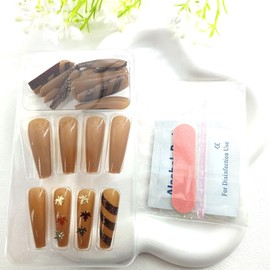 Fall Long Press on Nails Coffin Fake Nails Maple Leaves Rhinestones Lines Design Glitter Glue on Nails Brown Nail Press ons Extra Long Autumn Artificial Stick on Nails for Women 24Pcs