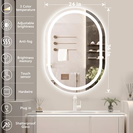 AXOTEXE Oval LED Mirror for Bathroom 24 x 36 Inch Anti-Fog Oval Bathroom Mirror with LED Lights 3 Colors Temperature & Stepless Dimmable Bathroom Vanity Mirror for Wall Shatter-Proof Memory
