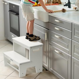 Dorjee Wooden Step Stool for Kids, Toddler Step Stool for Bathroom, 2 Step Kids Stool with Handles for Kitchen/Bedroom/Closet/Child Potty Training Gray