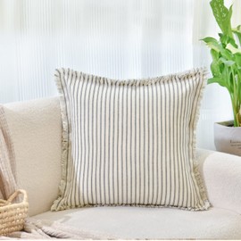 ZWJD Throw Pillow Covers 20x20 Set of 2 Striped Pillow Covers with Fringe Chic Cotton Decorative Pillows Square Cushion Covers for Sofa Couch Bed Living Room Farmhouse Decor
