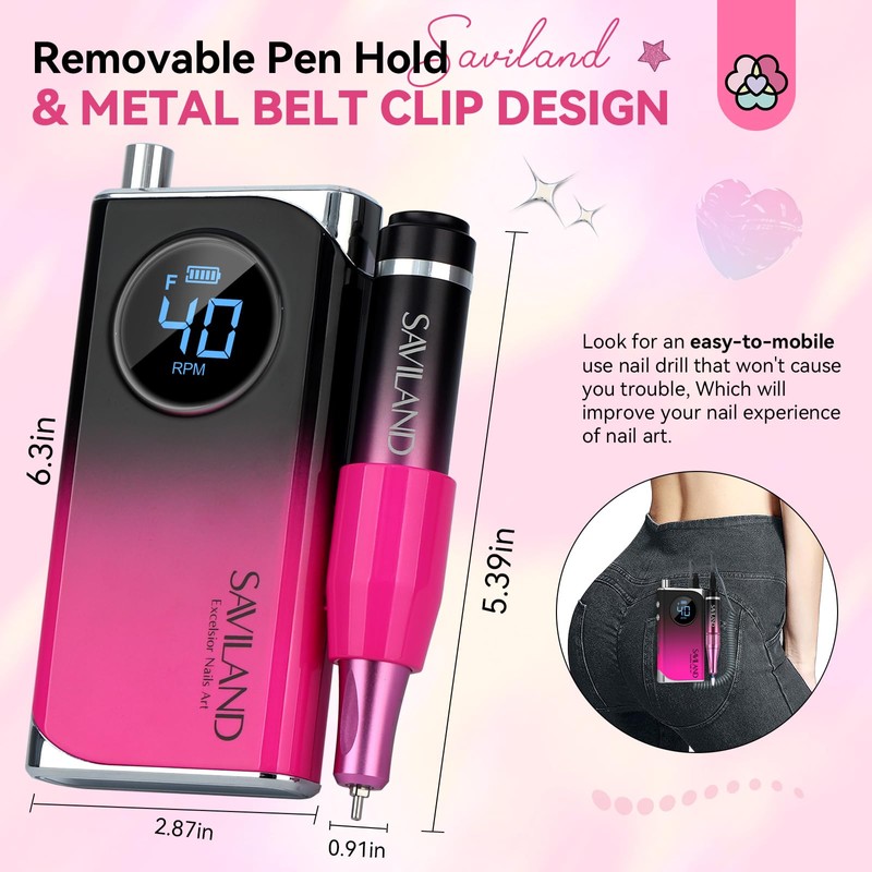 SAVILAND Professional Electric Nail Drill Machine: 40000RPM Rechargeable Nail Drill