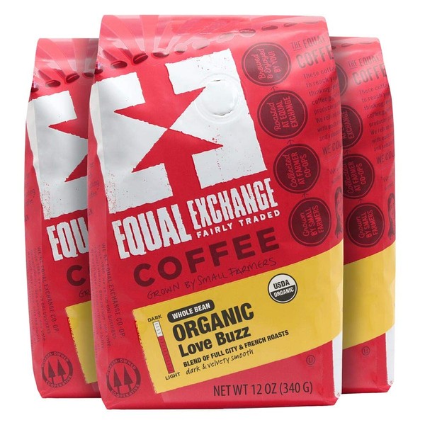 Equal Exchange Organic Whole Bean Coffee, Love Buzz, 12-Ounce Bag (Pack of 3)