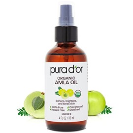 PURA D'OR Aceite Amla orgánico de 4 onzas, 100% puro certificado por USDA de grado premium, prensado en frío, sin refinar, virgen extra, suero para el cabello y producto para el cabello engrosante con bomba para mujeres y hombres, cuidado ayurvédico de la piel