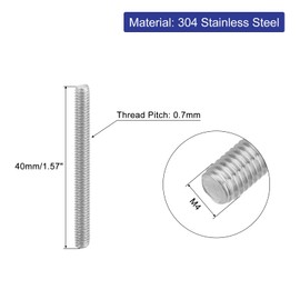 sourcing map 8Pcs Fully Threaded Rod, M4 x 40mm 304 Stainless Steel Right Hand Thread Bar Studs M4-0.7 Thread Pitch for Furniture Machinery Assembly