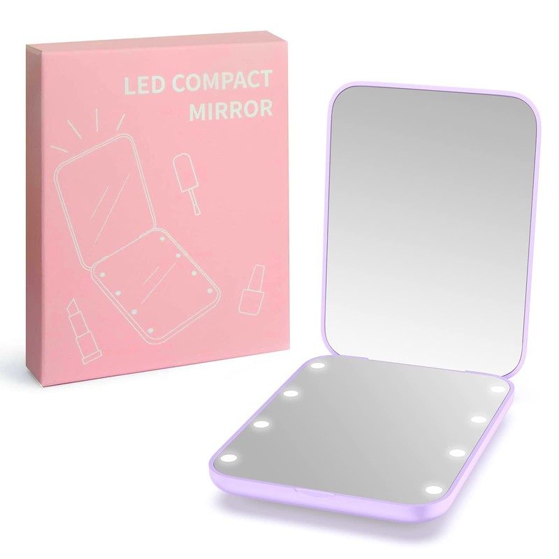WOBSION Small Mirror with Lights,LED Compact Makeup Mirror,1x/3x Mini Travel