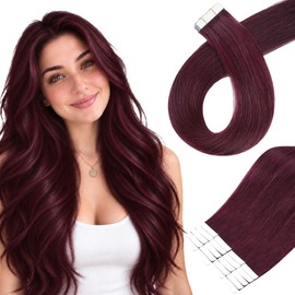 Hair Extensions Tape in Real Hair Burgundy Red 24in 20Pcs 50g