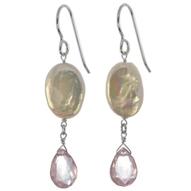 ASHANTI Freshwater Coin Freshwater Cultured Pearl and Pink Quartz Natural Gemstone Sterling Silver Handmade Earrings