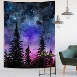 Mountain Forest Tapestry, Purple Starry Sky Galaxy Watercolor Fir Tree Landscape Art Wall Hanging Nature Scenery Large Long Tapestry Aesthetic Vertical for Bedroom Backdrop Wall Decoration 40×60 inch
