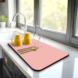 STRABELLA Dish Drying Mat Super Absorbent – 16" x 12" Coffee Mat for Countertops – Non-Slip Drying Mat for Kitchen Counter – Easy to Clean Water Absorbent Mat – Large Dish Drying Mats (Pink)