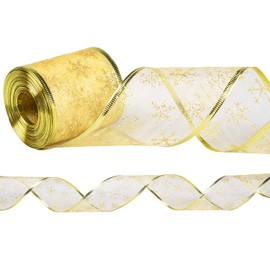 NAUZE 6 Yards Gold Christmas Ribbon Snowflake Wired Ribbon Glitter Tulle Decorative Ribbon Christmas Glitter Sparking Ribbons for Christmas Tree Decoration Bows DIY Crafts, 6.3cm Wide (Gold)