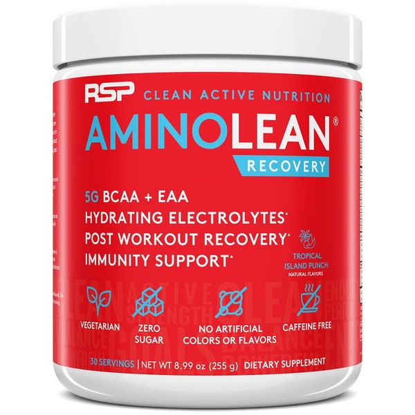 RSP AminoLean Recovery - Post Workout BCAAs Amino Acids Supplement + Electrolytes, BCAAs and EAAs for Hydration Boost, Immunity Support - Muscle Recovery Drink, Vegan Aminos, Tropical Punch