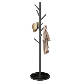 OIRUMIE Coat Rack with Natural Marble Base, Metal Freestanding Coat Racks, Heavy Duty Coat Rack Stand with 8 Hooks for Hanging Scarf, Bag, Jacket, Black Coat Hall Tree Hanger Holder Stand