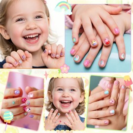 96 Piece Fingernails for Sticking Children's Set - Short Press On Nails Square with 4 Different Designs - Full Cover Children's Nails - Cute False Artificial Nails for Girls Art Nails Gift