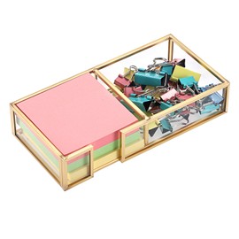 BTSKY Golden Glass 2 in 1 3x3 Inch Sticky Note Holder, Elegant Post It Note Dispenser Paper Clip Holder with Non-Slip Pads Clear Notepad Holder for Desk Organization Planning, Home Office Decor