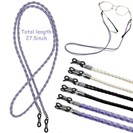 3 Pcs Unisex Glasses Straps, Universal PU Leather Eyeglass Chain Lanyard Non-Slip Glasses Straps Glasses Chain Adjustable Spectacle Neck Cord Glasses String Holder for Men Women (Purple,Beige,Black)