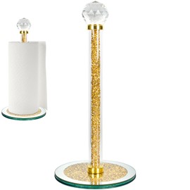 Paper Towel Holder Stand,Gold Countertop Paper Towel Roll Dispenser Holders with Round Base, Tissue Countert Filled with Crystal Sparkly Crushed Diamonds House Decor for Kitchen Bathroom，Heavy Weight