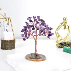 MATIRISE Healing Crystal Tree - Natural Crystals Stones Tree - Reiki Spiritual Energy Copper Wire Crystals Tree - Gemstone Agate Slice Amethyst Base - Home Office Desk Decor
