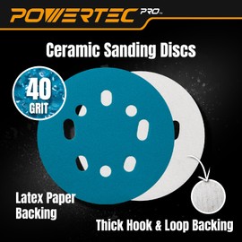 POWERTEC PRO 50PK, 5 Inch Sanding Discs Hook and Loop, 40 Grit, Ceramic Orbital Sander Sandpaper for 5 & 8 Hole Random Orbital Sanders - Automotive, Paint, Metal, Woodworking (45304C-50)