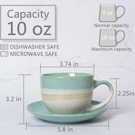 Bosmarlin Ceramic Cappuccino Cup and Saucer Set of 2, 10 Oz, Coffee Cups for Latte, Espresso, Tea, Dishwasher and Microwave Safe (Mint Green)