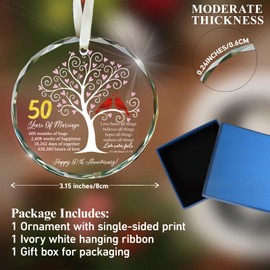 50th Wedding Anniversary Glass Ornament – Love Tree & Birds with Bible Verse – Golden 50 Year Marriage Keepsake Gift for Parents, Couples, Wife, Husband – Elegant Christian Hanging Decoration