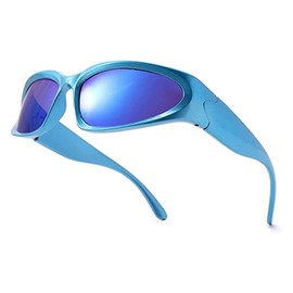 YUELUQU Y2K Wrap Around Sunglasses Men's Women's Futuristic Outdoor Sports Sunshade UV400 Glasses (Blue Frame/Blue Lens)