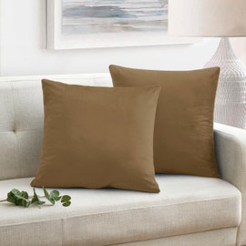Oxford Homeware Velvet Cushion Covers 45 x 45 (Pack of 2) Square Throw Pillow Cases Soft Decorative Cushion Cover for Bedroom Living Room with Invisible Zipper (Brown, 18 x 18 Inch (Plain))