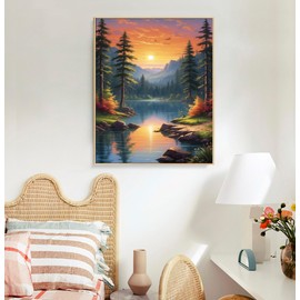 Offito Paint by Numbers Kit for Adults Framed Canvas - 16x20 Inch Lake Landscape Adult Paint by Number Kits with Frame, Sunset DIY Acrylic Framed Canvas for Painting Kits for Adults with Gift Box