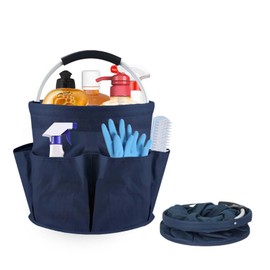 Foldable Universal Cleaning Caddy, 28 x 28 cm, Freestanding Tool Basket, Cleaning Caddy, Tool Basket Bag with 6 Outer Pockets, for Indoor and Outdoor Use, Garden, Bathroom, Camping (Dark Blue)