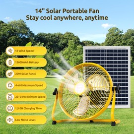 DeerPlanet DeerPlanet 14" Solar Fan, Portable Floor Fans with 12 Speeds, High Velocity Industrial Fan with Metal Blade, Battery Operated Camping Fans with 20W Solar Panel, USB Charge, 360 Tilt (Yellow, 14")