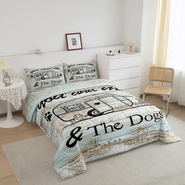 Manfei Happy Camping Comforter Set Queen Size, Camper Truck Bedding Set 3pcs for Kids Boy Girls Room Decor, Adventure Theme Dog Lover Quilt Set Rustic Farmhouse Duvet Set with 2 Pillowcases