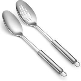 Cooking Spoons Set of 2, Stainless Steel Kitchen Solid Slotted Spoon，Cooking Utensils Set, Mixing, Serving, Stiring Large Spoons, Gifts for Home, Restaurant ﻿