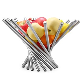 Fruit Basket Stainless Steel Modern Fruit Basket Silver Foldable Decorative Fruit Basket Standing, Camping Fruit Dish for Kitchen Dining Table Fruit Vegetable Bread (38 x 38 x 34 cm)