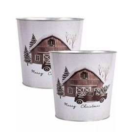 Fyne-Finds Set of 2 Merry Christmas Metal Tin Pail Car Scene 20cm, 8inch Plant Pot Festive Xmas Gift Planter