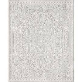 Cloud Medallion Heriz Soft Ivory Rug - High-Low Pile, Easy to Clean, Elegant Monochrome Traditional Pattern - Size: 3'11" x 5'3"