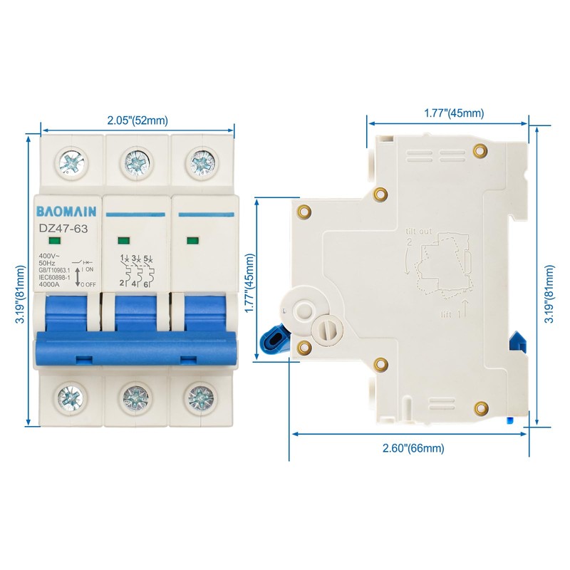 Baomain Miniature Circuit Breaker 3-Pole 40A DZ47-63 C40 400VAC, DIN