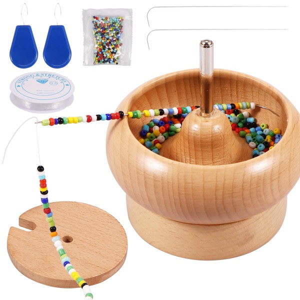 Wooden Bead Spinner, Bead Making Spinner, Clay Bead Spinner, Wooden Bead Holder, Waist Beads Kit with 2 Beading Needles 500 Color Beads for Jewelry Making Bracelet Maker Stringing Wooden Crafting