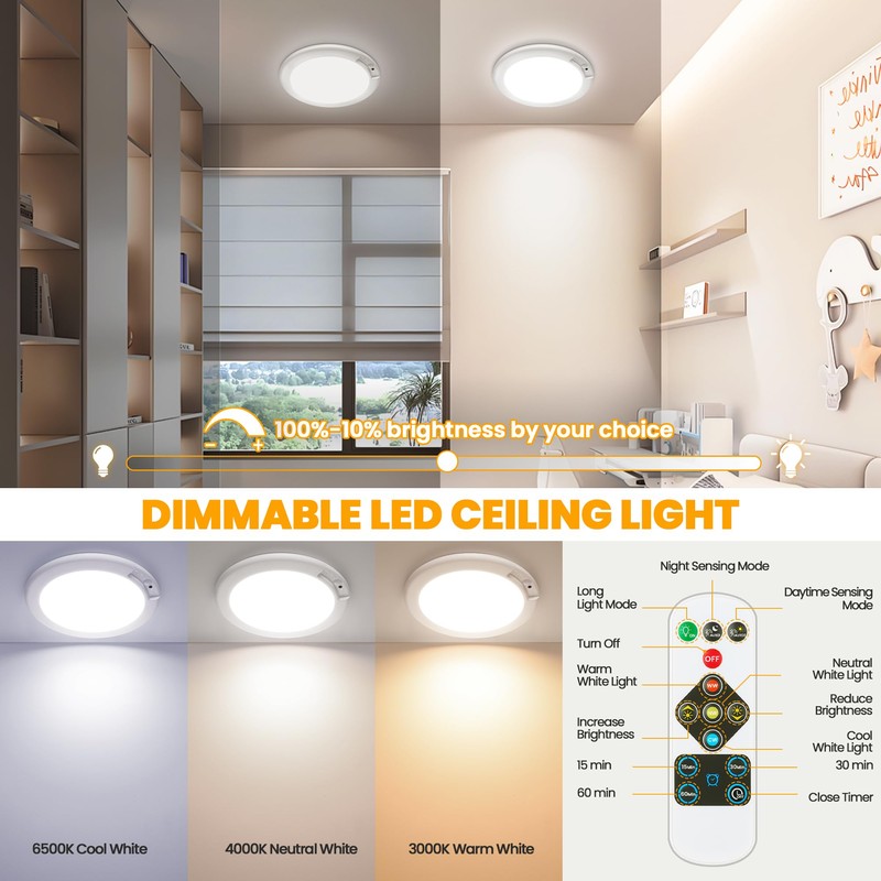 SunRider 2-Pack Rechargeable Motion Sensor LED Ceiling Light with Remote,