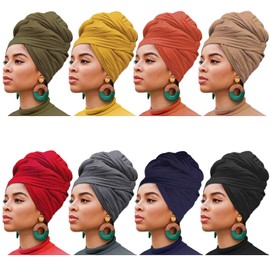 XTREND 8 Pieces Head Wrap Stretch Jersey Turban Bohemian Extra Long Scarf Hat Soft Breathable African Solid Color Knit Headwraps Turban Tie for Women (8 Colors)
