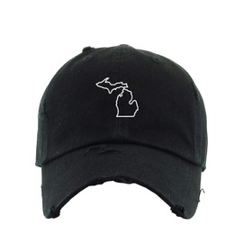Michigan Map Outline Dad Vintage Baseball Cap Embroidered Cotton Adjustable Distressed Dad Hat Black