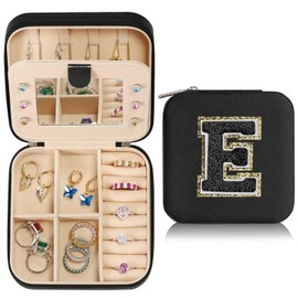 Parima Large Jewelry Box for Girls, Travel Initial Jewelry Box for Girls | Large Jewelry Organizer Box | Travel Jewelry Case Jewelry Box Organizer | Large Travel Jewelry Box - Letter E, Black
