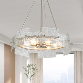 XINGQI Modern Farmhouse Chandelier 6-Light Silver Glass Drum Chandeliers 19.7" Height Adjustable Water Ripple Rustic Pendant Lighting Fixture for Dining Room Living Room Kitchen Island