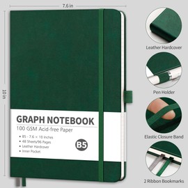 RETTACY Graph Paper Notebook - Graph Grid Paper Notebook with 96 Pages, Notebooks for Work, School, 100 GSM Paper, Leather Hardcover, Inner Pocket, 7.6'' × 10'' (Dark Green)